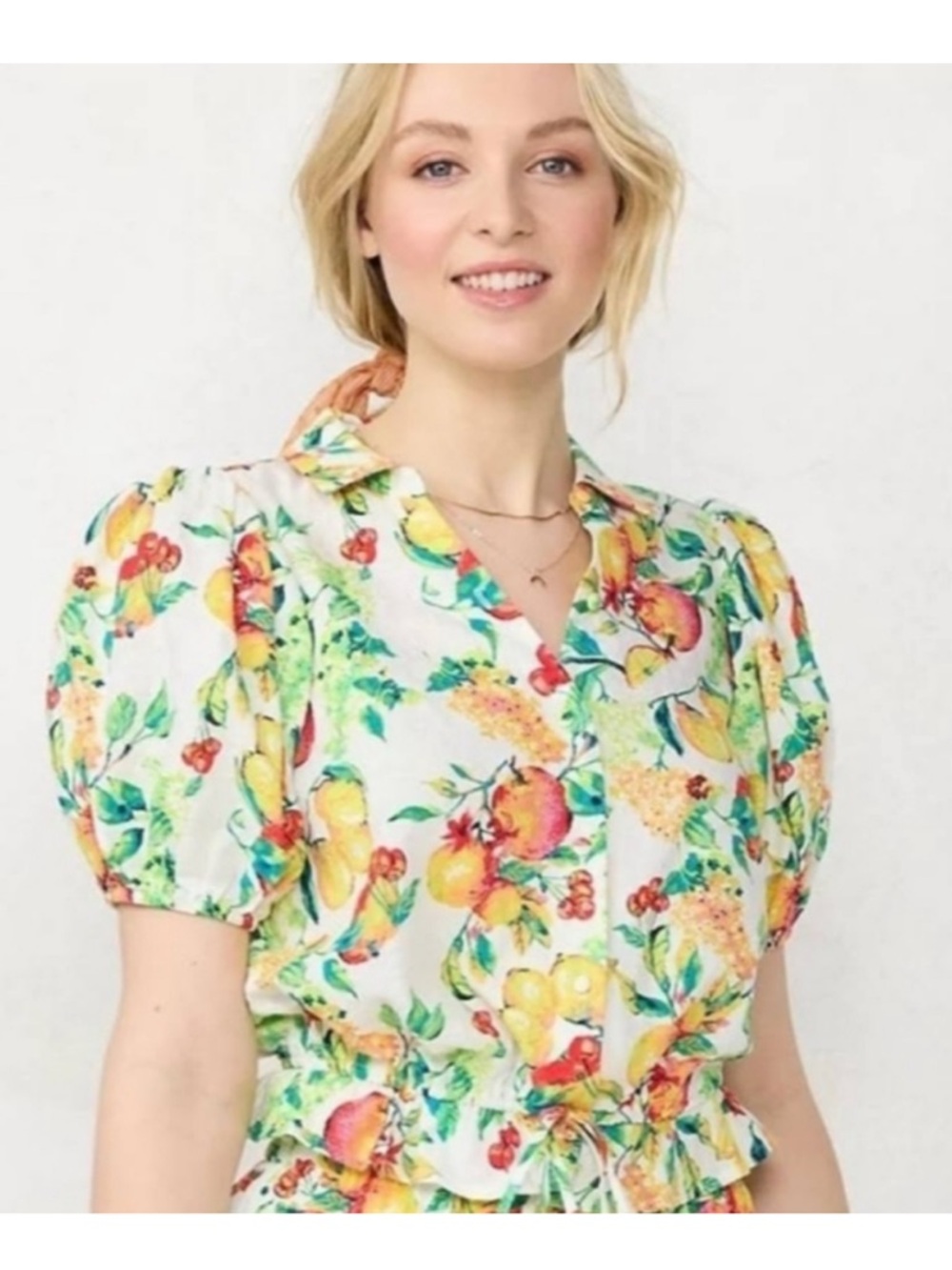 Lauren Conrad Fruit and Floral Crop Collared Tee Xs